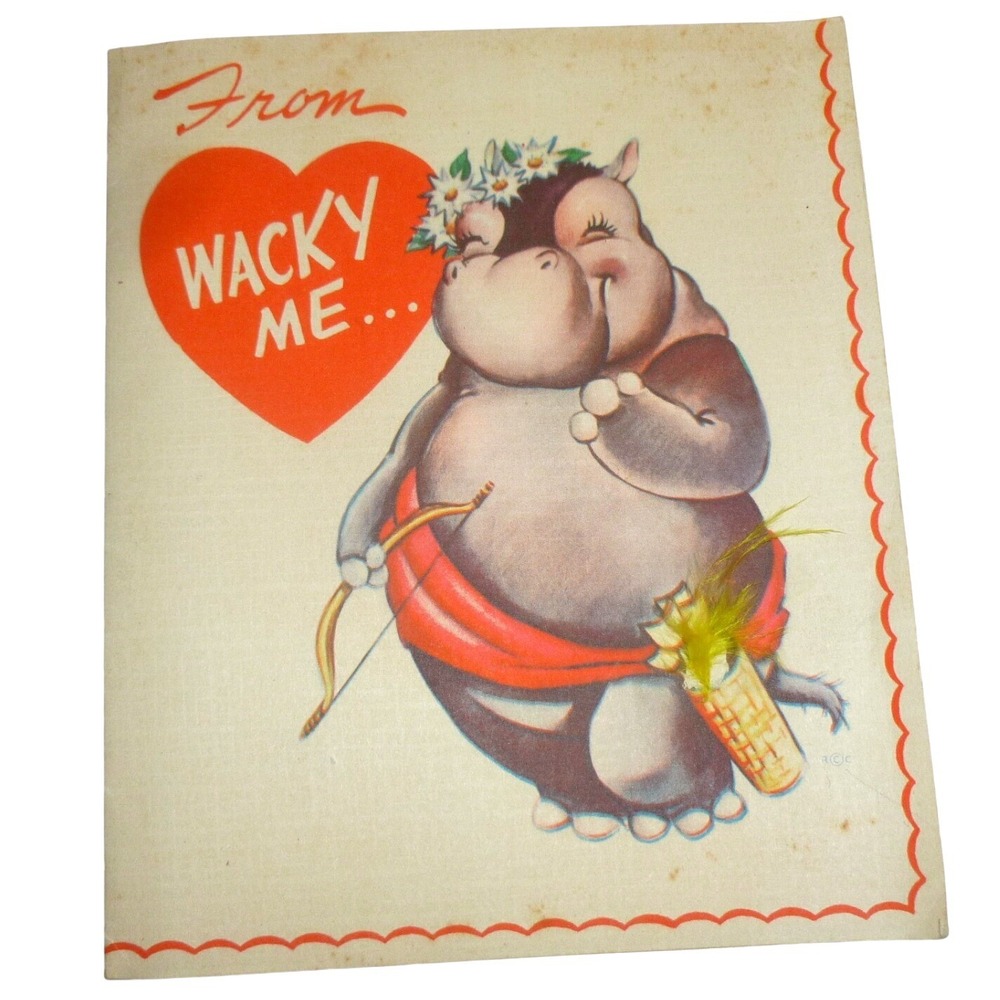 Vintage 1947 Rust Craft Valentine Card Hippo Cupid Wacky Me Goofy You Kitsch MCM
